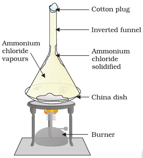 Sublimation of ammonium chloride – solid turns directly to vapour and re-solidifies on the funnel